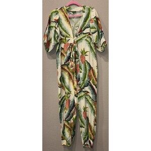 Farm Rio Jumpsuit Forest Palm Tropical Pineapple Print Linen Women’s S $250